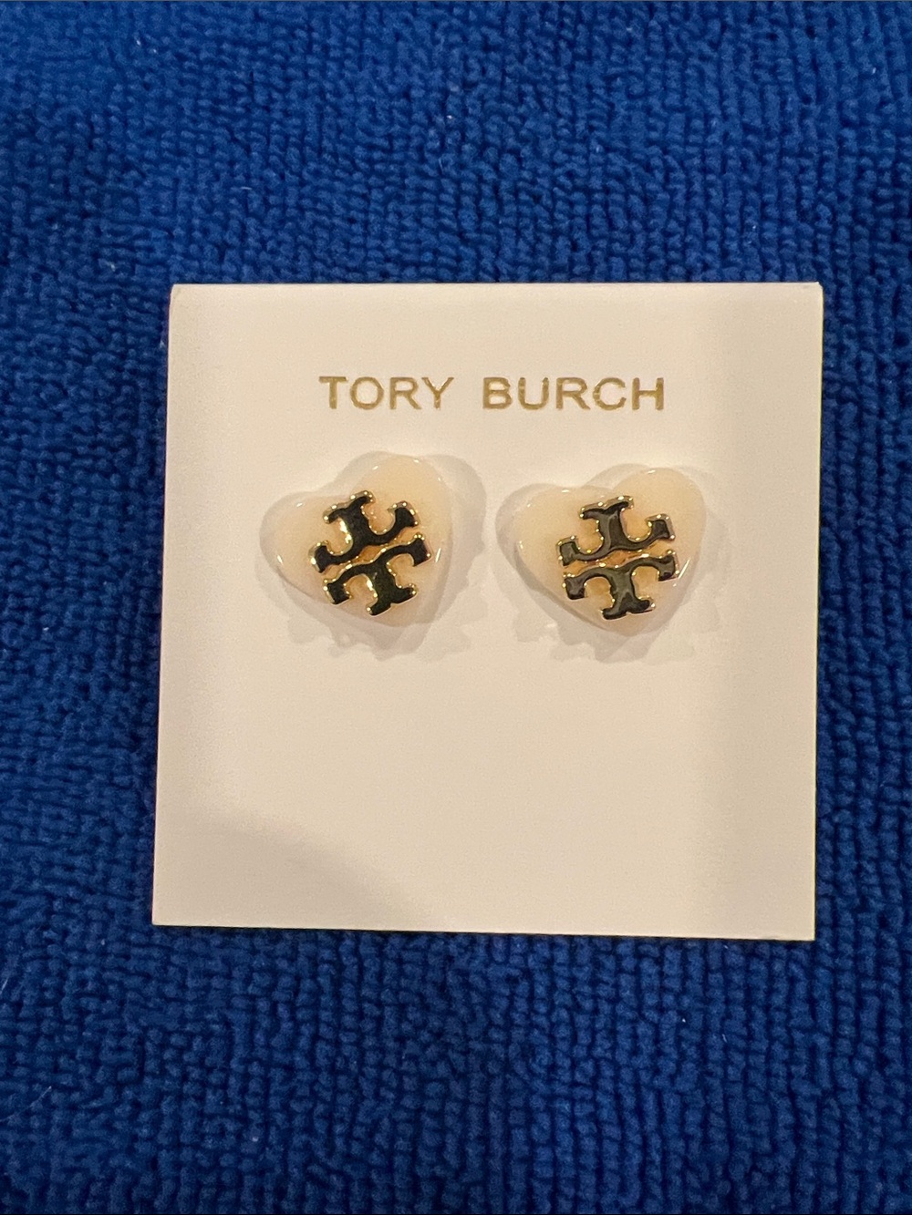 Tory Burch Cream Heart Logo Stud Earrings with Gold Emblem